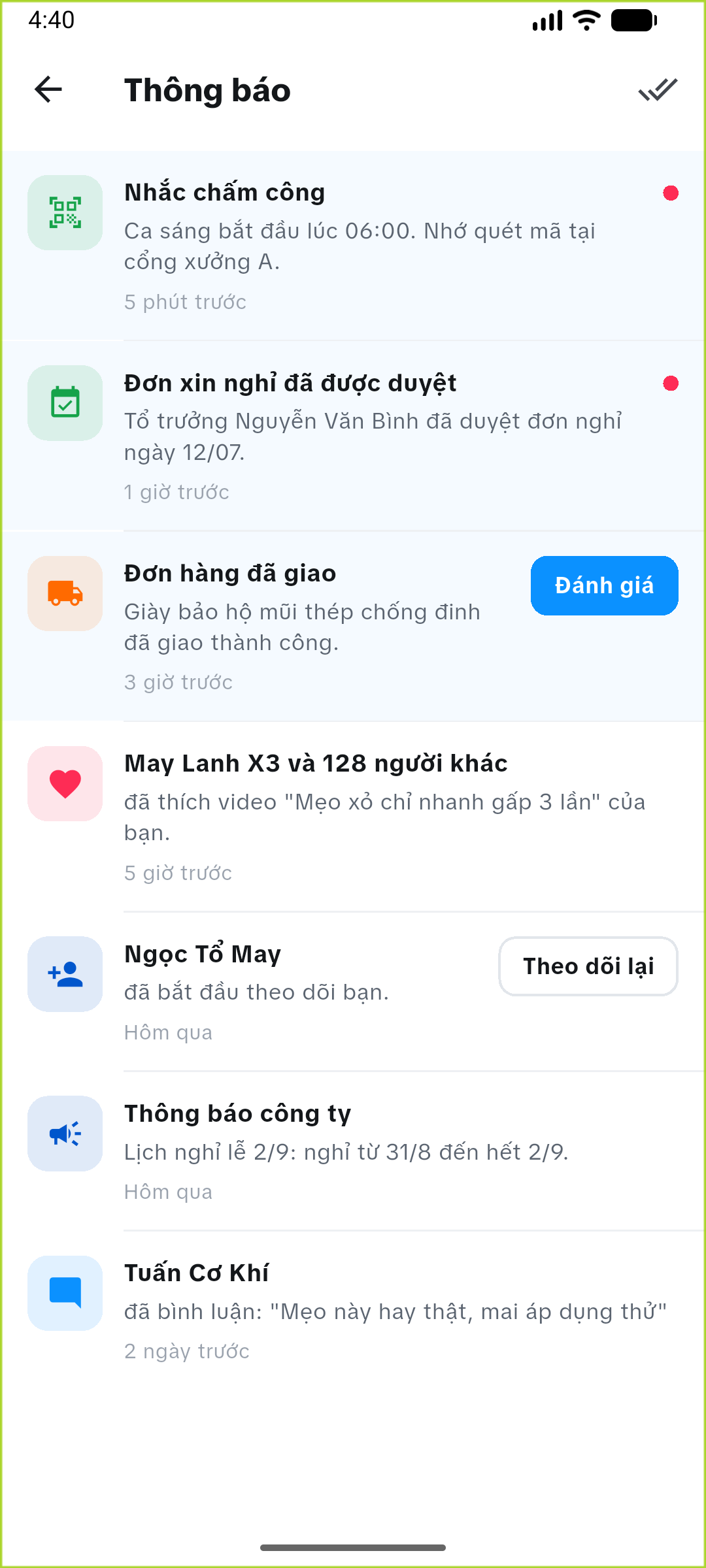 Màn hình thông báo: nhắc chấm công, duyệt đơn nghỉ, thông báo công ty