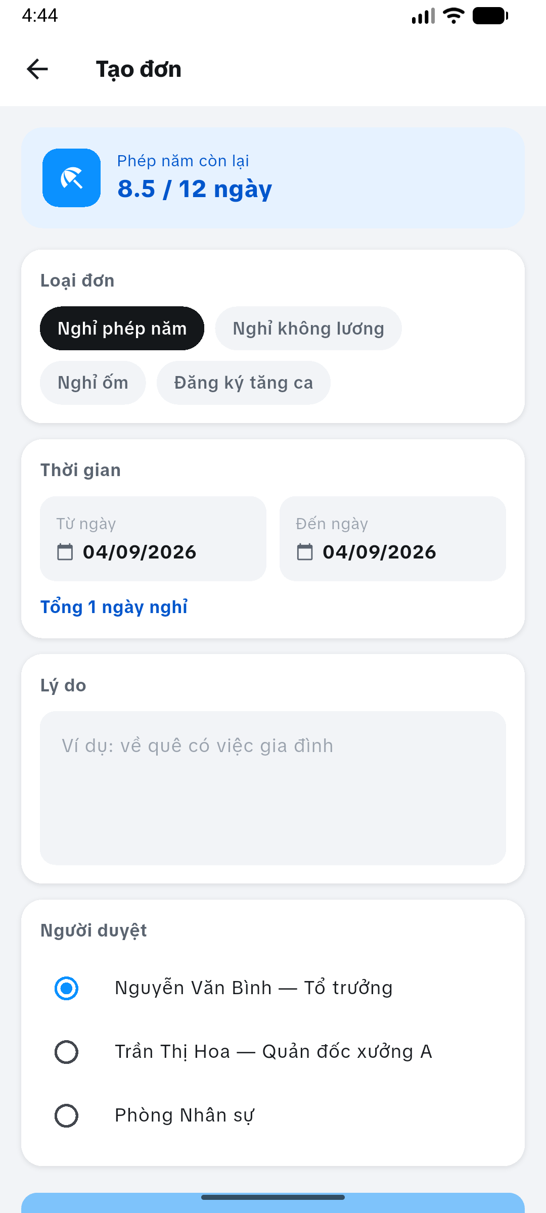 Màn hình tạo đơn nghỉ phép